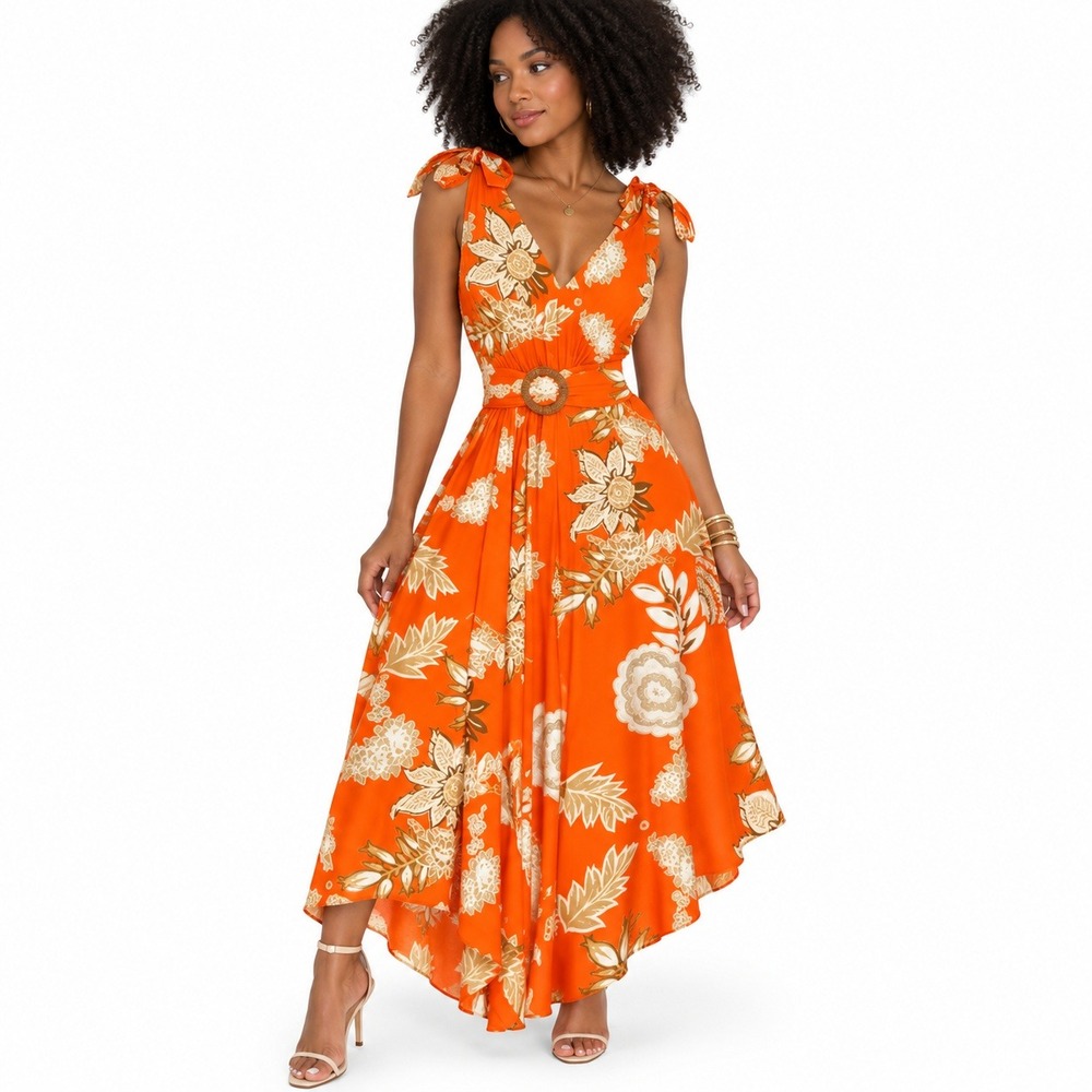 Chicme Belted Maxi Dress Womens XL Orange Floral Lightweight Resort Vacation
